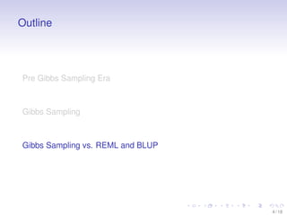 Outline

Pre Gibbs Sampling Era

Gibbs Sampling

Gibbs Sampling vs. REML and BLUP

4 / 18

 
