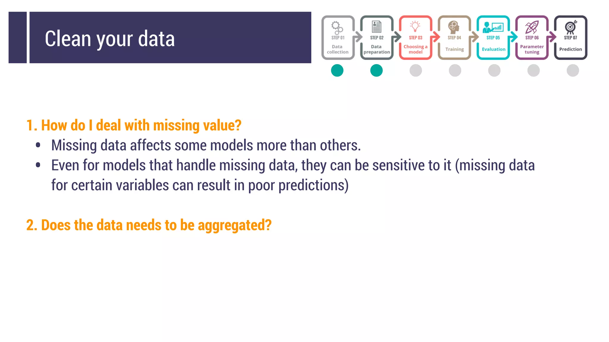 1. How do I deal with missing value?
• Missing data affects some models more than others.
• Even for models that handle missing data, they can be sensitive to it (missing data
for certain variables can result in poor predictions)
2. Does the data needs to be aggregated?
Clean your data
 