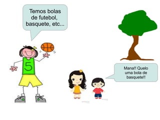 Temos bolas
de futebol,
basquete, etc...
Mana!! Quelo
uma bola de
basquete!!
 