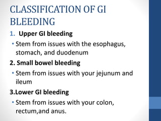 CLASSIFICATION OF GI
BLEEDING
1. Upper GI bleeding
• Stem from issues with the esophagus,
stomach, and duodenum
2. Small bowel bleeding
• Stem from issues with your jejunum and
ileum
3.Lower GI bleeding
• Stem from issues with your colon,
rectum,and anus.
 