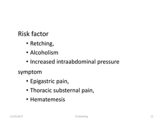 Risk factor
• Retching,
• Alcoholism
• Increased intraabdominal pressure
symptom
• Epigastric pain,
• Thoracic substernal pain,
• Hematemesis
11/25/2017 12GI bleeding
 