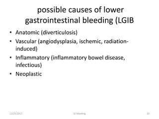possible causes of lower
gastrointestinal bleeding (LGIB
• Anatomic (diverticulosis)
• Vascular (angiodysplasia, ischemic, radiation-
induced)
• Inflammatory (inflammatory bowel disease,
infectious)
• Neoplastic
11/25/2017 GI bleeding 20
 