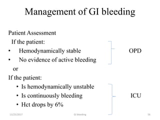 Management of GI bleeding
Patient Assessment
If the patient:
• Hemodynamically stable OPD
• No evidence of active bleeding
or
If the patient:
• Is hemodynamically unstable
• Is continuously bleeding ICU
• Hct drops by 6%
GI bleeding 5611/25/2017
 