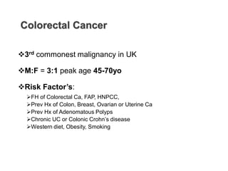 Colorectal Cancer
❖3rd commonest malignancy in UK
❖M:F = 3:1 peak age 45-70yo
❖Risk Factor’s:
➢FH of Colorectal Ca, FAP, HNPCC,
➢Prev Hx of Colon, Breast, Ovarian or Uterine Ca
➢Prev Hx of Adenomatous Polyps
➢Chronic UC or Colonic Crohn’s disease
➢Western diet, Obesity, Smoking
 