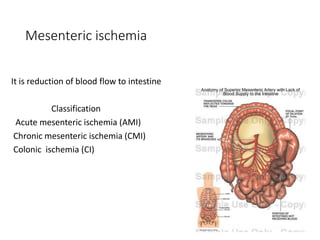 Mesenteric ischemia
It is reduction of blood flow to intestine
Classification
Acute mesenteric ischemia (AMI)
Chronic mesenteric ischemia (CMI)
Colonic ischemia (CI)
 