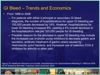 GI Bleed – Trends and Economics
 • From 1998 to 2006
    – For patients with either a principal or secondary GI bleed
      diagnosis, the number of hospitalizations for upper GI bleeding per
      100,000 people decreased by 14%. However, hospitalizations for
      lower GI bleeding increased 8%, yielding a 4% overall decrease in
      the hospitalization rate per 100,000 people for GI bleeding.
    – Possible reasons for the decrease in upper GI bleeding may include
      the increased use of proton pump inhibitors to decrease gastric acid
      secretion, antibiotic treatment of gastric ulcers caused by
      Helicobacter pylori bacteria, and increased use of selective COX-2
      inhibitors for arthritis or other pain.




Agency for Healthcare Research and Quality. Hospitalizations for Gastrointestinal Bleeding in 1998 and 2006.
HCUP Statistical Brief #65. Published online December 2008.
 