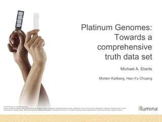 Platinum Genomes:
                                                                                                                                        Towards a
                                                                                                                                   comprehensive
                                                                                                                                     truth data set
                                                                                                                                                                                               Michael A. Eberle

                                                                                                                                                            Morten Kallberg, Han-Yu Chuang




© 2010 Illumina, Inc. All rights reserved.
Illumina, illuminaDx, Solexa, Making Sense Out of Life, Oligator, Sentrix, GoldenGate, GoldenGate Indexing, DASL, BeadArray, Array of Arrays, Infinium, BeadXpress, VeraCode, IntelliHyb, iSelect, CSPro,
GenomeStudio, Genetic Energy, HiSeq, and HiScan are registered trademarks or trademarks of Illumina, Inc. All other brands and names contained herein are the property of their respective owners.
 