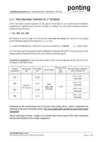 .: PONTING Inženirski biro d.o.o. .:. Strossmayerjeva 28 .:. 2000 Maribor .:. Slovenija :.




5.1.3 PRESTRESSING TENDONS OF 2 nd SEGMENT
At the time when second segments 2E-D2 and 2E-U2 of table 2E are casted and all conditions
regarding the required mean concrete strength are fulfiled, the next post-tensioning cantilever
tendons are prestressed:

    TL5, TR5, TL6, TR6

All tendons of current stage are stressed like 'one–end stressing' (see sketch on next page)
by the following initial prestressing force / f py ≅ 0.7xf pk :

    Tendon 19–150 mm 2 (A p = 2850 mm 2 ) is prestressed with P m0 = 3,700 kN                     … f py = 1298.3 N/mm 2

For stressing of post-tensioning tendons 'Multiplane anchorage MA-6819' is used, because of the
jacking system should be fitted for the current post-tensioning system.


Calculated elongations at prestressing tendons of the second segments 2E-D2 and 2E-U2 are
as follows in the table below:

                                                                               Prestressing
   Tendon             Anchorage          Net length                                           Net total tendon elongation
                                                           Prestressing           force
 designation             type               (m)                                                   after all wedge set
                                                                                   (kN)

                                                                                                    171.7 – 6.0 =
      TL5                                   26.90
                                                                                                     165.7 mm

                                                                                                    170.6 – 6.0 =
      TR5                                   26.75              from
                      MA-6819                                                                        164.6 mm
                                                            ONE–END                3,700
                     19–150 mm 2                                                                    169.5 – 6.0 =
      TL6                                   26.90           stressing
                                                                                                     163.5 mm

                                                                                                    168.4 – 6.0 =
      TR6                                   26.75
                                                                                                     162.4 mm




Elongation of the prestressing steel in the jack and seating device, which is dependent by
choosing of the post-tensioning system, has to be additionally considered at the total tendon
elongation!

Slip at anchorages of 6mm – wedge set is already taken into account in the static calculation
and the determination of the tendon elongation!




HW GIBORIM Bridge in Israel
PRESTRESSING PROTOCOL FOR CANTILEVER TENDONS                                                                        Page No.: 15/69
 