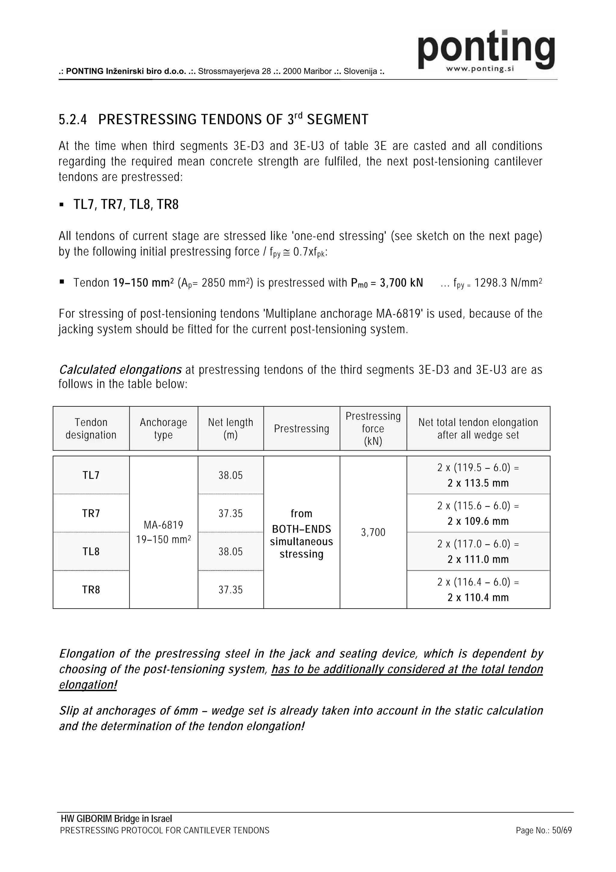 .: PONTING Inženirski biro d.o.o. .:. Strossmayerjeva 28 .:. 2000 Maribor .:. Slovenija :.




5.2.4 PRESTRESSING TENDONS OF 3 rd SEGMENT
At the time when third segments 3E-D3 and 3E-U3 of table 3E are casted and all conditions
regarding the required mean concrete strength are fulfiled, the next post-tensioning cantilever
tendons are prestressed:

    TL7, TR7, TL8, TR8

All tendons of current stage are stressed like 'one-end stressing' (see sketch on the next page)
by the following initial prestressing force / f py ≅ 0.7xf pk :

    Tendon 19–150 mm 2 (A p = 2850 mm 2 ) is prestressed with P m0 = 3,700 kN                     … f py = 1298.3 N/mm 2

For stressing of post-tensioning tendons 'Multiplane anchorage MA-6819' is used, because of the
jacking system should be fitted for the current post-tensioning system.


Calculated elongations at prestressing tendons of the third segments 3E-D3 and 3E-U3 are as
follows in the table below:

                                                                               Prestressing
   Tendon             Anchorage          Net length                                           Net total tendon elongation
                                                           Prestressing           force
 designation             type               (m)                                                   after all wedge set
                                                                                   (kN)

                                                                                                  2 x (119.5 – 6.0) =
      TL7                                   38.05
                                                                                                    2 x 113.5 mm

                                                                                                  2 x (115.6 – 6.0) =
      TR7                                   37.35              from
                      MA-6819                                                                       2 x 109.6 mm
                                                          BOTH–ENDS                3,700
                     19–150 mm 2                          simultaneous                            2 x (117.0 – 6.0) =
      TL8                                   38.05           stressing                               2 x 111.0 mm

                                                                                                  2 x (116.4 – 6.0) =
      TR8                                   37.35
                                                                                                    2 x 110.4 mm




Elongation of the prestressing steel in the jack and seating device, which is dependent by
choosing of the post-tensioning system, has to be additionally considered at the total tendon
elongation!

Slip at anchorages of 6mm – wedge set is already taken into account in the static calculation
and the determination of the tendon elongation!




HW GIBORIM Bridge in Israel
PRESTRESSING PROTOCOL FOR CANTILEVER TENDONS                                                                        Page No.: 50/69
 