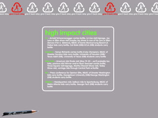 high impact cities
LA – Arnold Schwarzenegger carries bottle, LA Live visit/signage, Jay
  Leno or Ellen show visit (maybe Jay drives in one of his cars or Ellen
  dances it for a distance), B&GC of Santa Monica/Long Beach/LA
  Habor kids carry bottle, Cal State (GIB)/UCLA (GIB) students carry
  bottle

Houston – Sanya Richards carries bottle (Coke Olympian), B&GC of
  Greater Houston kids carry bottle, University of Houston (GIB)/
  Texas A&M (GIB), University of Texas (GIB) students carry bottle

New York – American Idol finale visit (May 19-20 – we’ll probably too
  late), previous Idol Winner and/or Ryan Seacrest carries bottle,
  Times Square visit/signage, Martha Stewart Show visit, Today
  Show visit, carriage ride through Central Park w/bottle

DC – Press conference for Opinion Elite, B&GC of Greater Washington
  kids carry bottle, Georgetown University (GIB)/George Washington
  (GIB) students carry bottle

Atlanta – Headquarters visit, balloon ride to Spartanburg, B&GC of
  Metro Atlanta kids carry bottle, Georgia Tech (GIB) students carry
  bottle
 