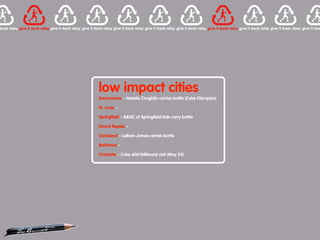 low impact cities
Sacramento – Natalie Coughlin carries bottle (Coke Olympian)

St. Louis –

Springfield – B&GC of Springfield kids carry bottle

Grand Rapids –

Cleveland – LeBron James carries bottle

Baltimore –

Charlotte – Coke 600/billboard visit (May 24)
 