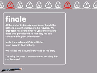 finale
At the end of its journey, a consumer hands the
bottle to a plant employee to be recycled. We
broadcast this grand final to Coke affiliates and
those who participated so that they too can
celebrate this great achievement.

Invite the media and Coke affiliates
to an event in Spartanburg.

We release the documentary video of the story.

The relay becomes a cornerstone of our story that
can be retold.
 