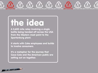 the idea
A 2,600 mile relay involving a single
bottle being handed off across the USA
from the Western most point to the
Spartanburg plant.

It starts with Coke employees and builds
to involve consumers.

It’s a metaphor for the journey that
Coca-Cola and the American public are
setting out on together.
 