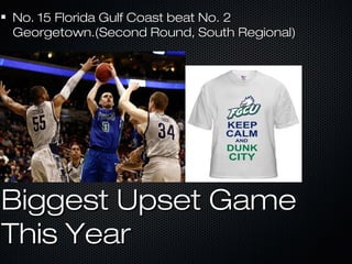 Biggest Upset GameBiggest Upset Game
This YearThis Year
No. 15 Florida Gulf Coast beat No. 2No. 15 Florida Gulf Coast beat No. 2
Georgetown.(Second Round, South Regional)Georgetown.(Second Round, South Regional)
 