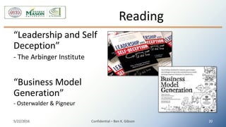 “Leadership and Self
Deception”
- The Arbinger Institute
“Business Model
Generation”
- Osterwalder & Pigneur
Reading
5/22/2016 Confidential – Ben K. Gibson 20
 