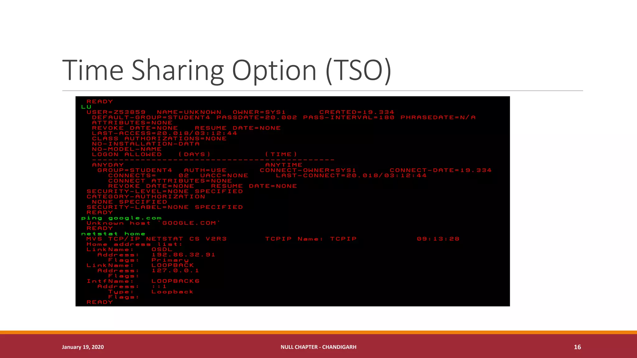Time Sharing Option (TSO)
January 19, 2020 NULL CHAPTER - CHANDIGARH 16
 