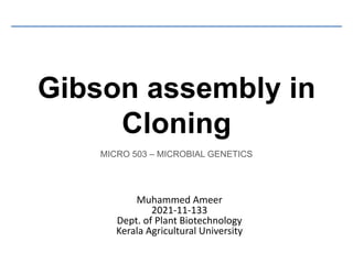 Gibson assembly in
Cloning
Muhammed Ameer
2021-11-133
Dept. of Plant Biotechnology
Kerala Agricultural University
MICRO 503 – MICROBIAL GENETICS
 