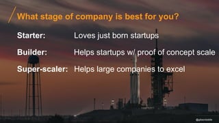 What stage of company is best for you?
Starter:
Builder:
Super-scaler:
@gibsonbiddle
Loves just born startups
Helps startups w/ proof of concept scale
Helps large companies to excel
 