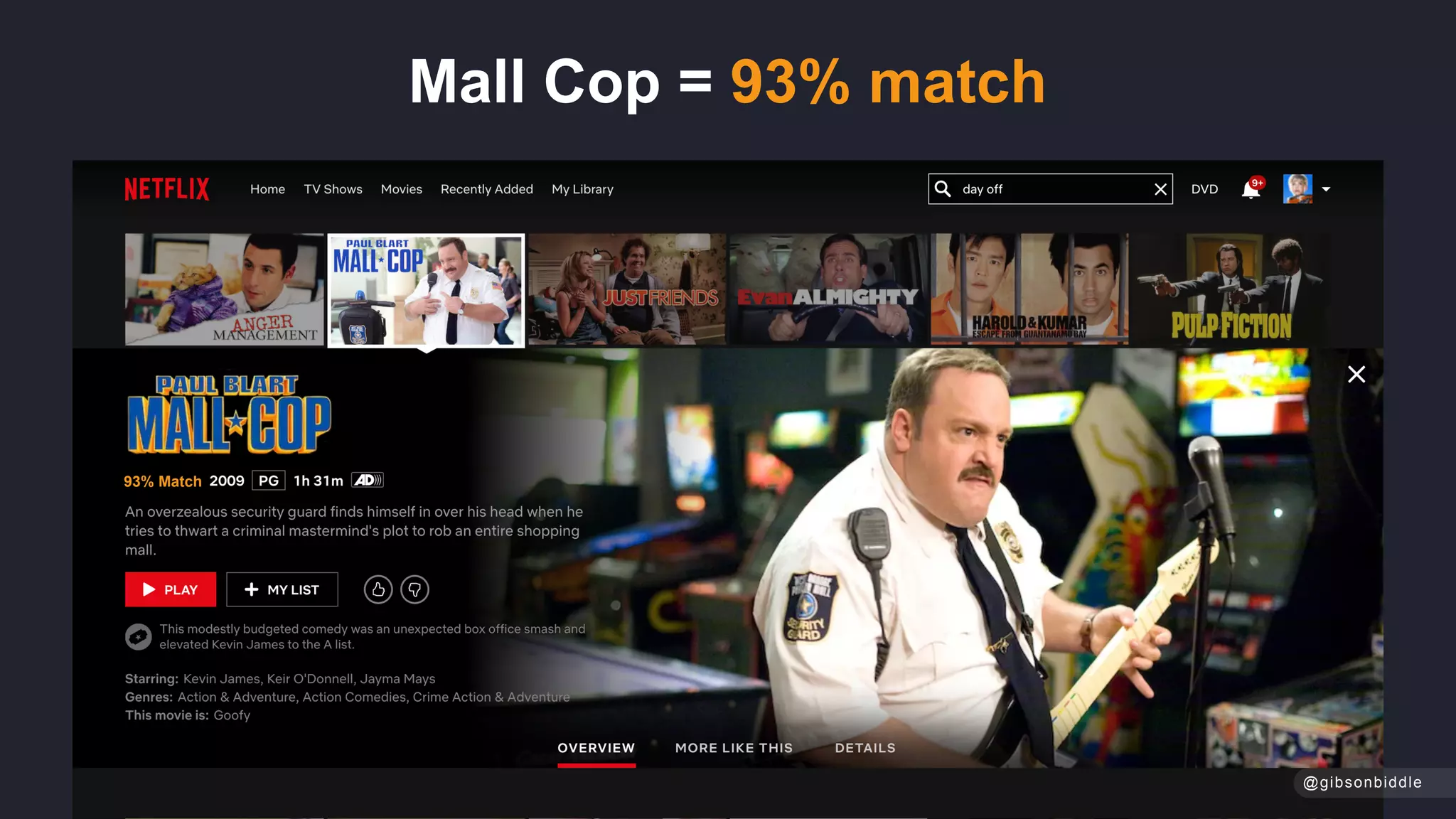 Mall Cop = 93% match
@gibsonbiddle
93% Match
 