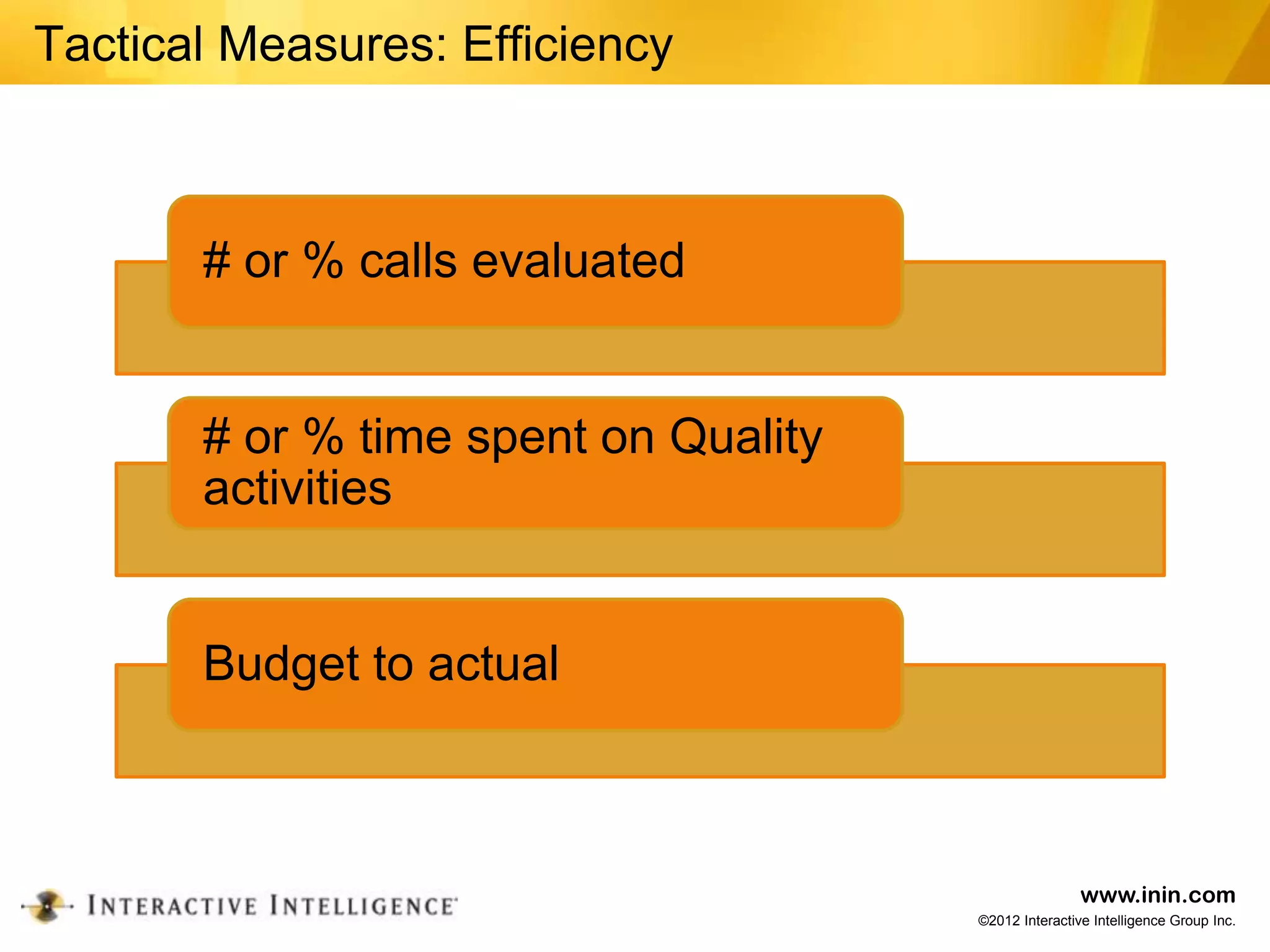 Tactical Measures: Efficiency



       # or % calls evaluated


       # or % time spent on Quality
       activities


       Budget to actual



                                                      www.inin.com
                                      ©2012 Interactive Intelligence Group Inc.
 