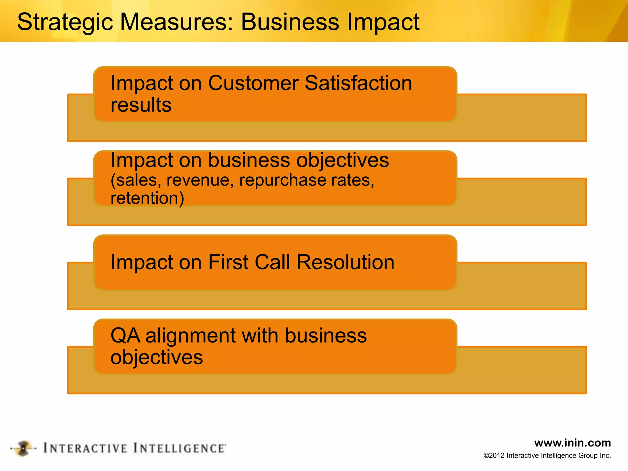Strategic Measures: Business Impact

        Impact on Customer Satisfaction
        results

        Impact on business objectives
        (sales, revenue, repurchase rates,
        retention)


        Impact on First Call Resolution


        QA alignment with business
        objectives


                                                             www.inin.com
                                             ©2012 Interactive Intelligence Group Inc.
 