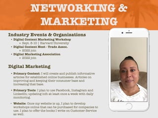 NETWORKING &
MARKETING
Industry Events & Organizations
• Digital Content Marketing Workshop
‣ Sept. 8-10 | Harvard University
• Digital Content Next - Trade Assoc.
‣ 2022 join
• Digital Marketing Association
‣ 2022 join
Digital Marketing
• Primary Content: I will create and publish informative
articles for established online businesses. Articles on
improving and keeping their consumer base and
increasing that base.
• Primary Tools: I plan to use Facebook, Instagram and
LinkedIn; updating info at least once a week with daily
monitoring.
• Website: Once my website is up, I plan to develop
workshops online that can be purchased for companies to
use. I plan to offer the books I write on Customer Service
as well.
Picture of You
Goes Here
 