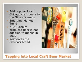 Tapping into Local Craft Beer Market
 Add popular local
Chicago craft beers to
the Gibson’s menu
 Emerging Market
Trend
 NRA:“Locally
produced beer is hot
addition to menus in
2012”
 Reinforces the
Gibson’s brand
 