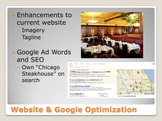 Website & Google Optimization
 Enhancements to
current website
◦ Imagery
◦ Tagline
 Google Ad Words
and SEO
◦ Own “Chicago
Steakhouse” on
search
 