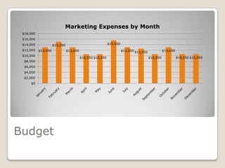 Budget
$13,050
$15,050
$13,050
$10,550 $10,550
$15,550
$13,050 $12,550
$10,550
$13,050
$10,550 $10,550
$0
$2,000
$4,000
$6,000
$8,000
$10,000
$12,000
$14,000
$16,000
$18,000
Marketing Expenses by Month
 