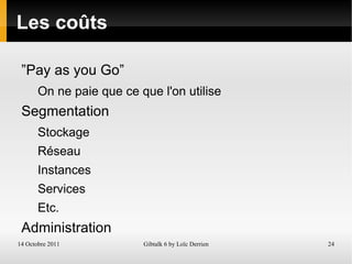 Définition Le cloud computing est adapté à tous les publics: IaaS: Mise à disposition de ressources (CPU, Ram, Stockage et Réseau) Cible: Responsables d'infrastructures informatiques PaaS: Mise à disposition d'une plate-forme d'exécution d'applications pour un langage de programmation donné. Cible: Les développeurs SaaS: Mise à disposition d'une application complète Cible: L'utilisateur final 