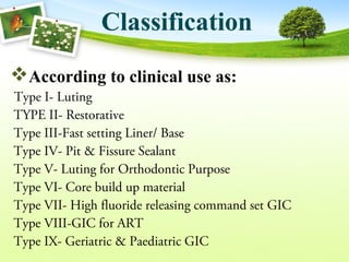 Classification
According to clinical use as:
Type I- Luting
TYPE II- Restorative
Type III-Fast setting Liner/ Base
Type IV- Pit & Fissure Sealant
Type V- Luting for Orthodontic Purpose
Type VI- Core build up material
Type VII- High fluoride releasing command set GIC
Type VIII-GIC for ART
Type IX- Geriatric & Paediatric GIC
 