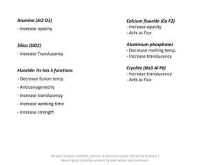 Alumina (Al2 O3)
- Increase opacity
Silica (SiO2)
- Increase Translucency
Fluoride: Its has 5 functions
- Decrease fusion temp.
- Anticariogenecity
- Increase translucency
- Increase working time
- Increase strength
Calcium fluoride (Ca F2)
- Increase opacity
- Acts as flux
Aluminium phosphates
- Decrease melting temp.
- Increase translucency
Cryolite (Na3 Al F6)
- Increase translucency
- Acts as flux
An atlas of glass ionomer cement- A clinician's guide 3rd edi by Graham J
Mount glass ionomer cement by Alan wilson and john kent
 