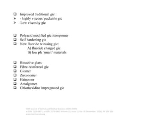 ❑ Improved traditional gic :
➢ - highly viscous/ packable gic
➢ - Low viscosity gic
❑ Polyacid modified gic /compomer
❑ Self hardening gic
❑ New fluoride releasing gic:
A) fluoride charged gic
B) low ph ‘smart’ materials
❑ Bioactive glass
❑ Fibre-reinforced gic
❑ Giomer
❑ Zirconomer
❑ Hainomer
❑ Amalgomer
❑ Chlorhexidine impregnated gic
IOSR Journal of Dental and Medical Sciences (IOSR-JDMS)
e-ISSN: 2279-0853, p-ISSN: 2279-0861.Volume 15, Issue 11 Ver. III (November. 2016), PP 124-126
www.iosrjournals.org
 