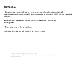 COMPOSITION
• Compomers are essentially a one – paste system containing ion leachable glass &
polymerizable acidic monomers with functional groups of polyacrylic acid & methacrylates in 1
molecule.
• NaF and some other fillers are also present for additional F release and
Radio opacity.
• There is no water in the formulation.
• Glass particles are partially silanated to ensure bonding
IOSR Journal of Dental and Medical Sciences (IOSR-JDMS)
e-ISSN: 2279-0853, p-ISSN: 2279-0861.Volume 15, Issue 11 Ver. III (November. 2016), PP 124-126
www.iosrjournals.org
 