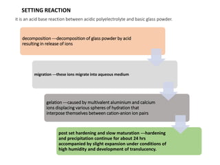 SETTING REACTION
it is an acid base reaction between acidic polyelectrolyte and basic glass powder.
decomposition ---decomposition of glass powder by acid
resulting in release of ions
migration ---these ions migrate into aqueous medium
gelation ---caused by multivalent aluminium and calcium
ions displacing various spheres of hydration that
interpose themselves between cation-anion ion pairs
post set hardening and slow maturation ---hardening
and precipitation continue for about 24 hrs
accompanied by slight expansion under conditions of
high humidity and development of translucency.
 