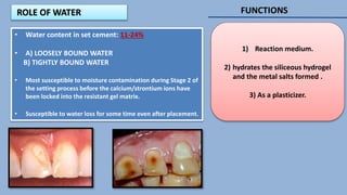 ROLE OF WATER
1) Reaction medium.
2) hydrates the siliceous hydrogel
and the metal salts formed .
3) As a plasticizer.
• Water content in set cement: 11-24%
• A) LOOSELY BOUND WATER
B) TIGHTLY BOUND WATER
• Most susceptible to moisture contamination during Stage 2 of
the setting process before the calcium/strontium ions have
been locked into the resistant gel matrix.
• Susceptible to water loss for some time even after placement.
FUNCTIONS
 