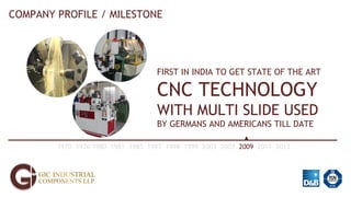 COMPANY PROFILE / MILESTONE
1970 1976 1980 1981 1985 1987 1998 1999 2003 2007 2009 2011 2013
FIRST IN INDIA TO GET STATE OF THE ART
CNC TECHNOLOGY
WITH MULTI SLIDE USED
BY GERMANS AND AMERICANS TILL DATE
 