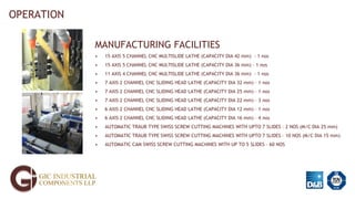 OPERATION
MANUFACTURING FACILITIES
• 15 AXIS 5 CHANNEL CNC MULTISLIDE LATHE (CAPACITY DIA 42 mm) - 1 nos
• 15 AXIS 5 CHANNEL CNC MULTISLIDE LATHE (CAPACITY DIA 36 mm) – 1 nos
• 11 AXIS 4 CHANNEL CNC MULTISLIDE LATHE (CAPACITY DIA 36 mm) - 1 nos
• 7 AXIS 2 CHANNEL CNC SLIDING HEAD LATHE (CAPACITY DIA 32 mm) – 1 nos
• 7 AXIS 2 CHANNEL CNC SLIDING HEAD LATHE (CAPACITY DIA 25 mm) – 1 nos
• 7 AXIS 2 CHANNEL CNC SLIDING HEAD LATHE (CAPACITY DIA 22 mm) – 3 nos
• 6 AXIS 2 CHANNEL CNC SLIDING HEAD LATHE (CAPACITY DIA 12 mm) – 1 nos
• 6 AXIS 2 CHANNEL CNC SLIDING HEAD LATHE (CAPACITY DIA 16 mm) – 4 nos
• AUTOMATIC TRAUB TYPE SWISS SCREW CUTTING MACHINES WITH UPTO 7 SLIDES – 2 NOS (M/C DIA 25 mm)
• AUTOMATIC TRAUB TYPE SWISS SCREW CUTTING MACHINES WITH UPTO 7 SLIDES – 10 NOS (M/C DIA 15 mm)
• AUTOMATIC CAM SWISS SCREW CUTTING MACHINES WITH UP TO 5 SLIDES – 60 NOS
 