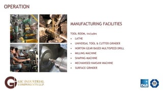 TOOL ROOM, includes
• LATHE
• UNIVERSAL TOOL & CUTTER GRINDER
• NORTON GEAR BASED MULTISPEED DRILL
• MILLING MACHINE
• SHAPING MACHINE
• MECHANISED HAKSAW MACHINE
• SURFACE GRINDER
OPERATION
MANUFACTURING FACILITIES
 