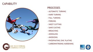 CAPABILITY
PROCESSES
- AUTOMATIC TURNING
- HARD TURNING
- FULL TURNING
- FORGING
- SHEET CUTTING
- SAND CASTING
- BROACHING
- ANNEALING
- ANODIZING
- PHOSPHATING ZINC PLATING
- CARBONNITRIDING HARDENING
 