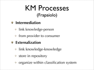 KM Processes
             (Frapaiolo)
Intermediation
 link knowledge-person
 from provider to consumer
Externalization
 link knowledge-knowledge
 store in repository
 organize within classiﬁcation system
 