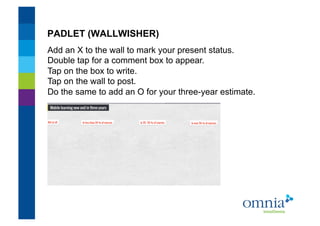 PADLET (WALLWISHER)!
Add an X to the wall to mark your present status.
Double tap for a comment box to appear.
Tap on the box to write.
Tap on the wall to post.
Do the same to add an O for your three-year estimate. !
 