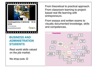 From theoretical to practical approach.
                           From classroom learning to project-
                           based real life learning with
                           entrepreneurs.
                           From essays and written exams to
                           visually documented knowledge, skills
                           and competences.!



BUSINESS AND
ADMINISTRATION
STUDENTS!
Real world skills valued
on the job market.

No drop-outs :D
 