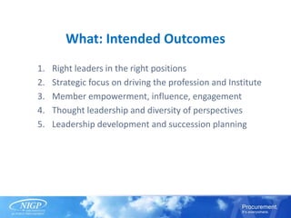 What: Intended Outcomes
1. Right leaders in the right positions
2. Strategic focus on driving the profession and Institute
3. Member empowerment, influence, engagement
4. Thought leadership and diversity of perspectives
5. Leadership development and succession planning
 