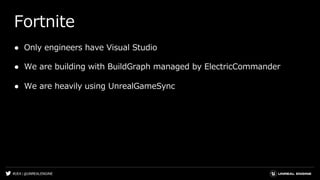 #UE4 | @UNREALENGINE
Fortnite
● Only engineers have Visual Studio
● We are building with BuildGraph managed by ElectricCom...