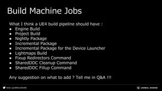 #UE4 | @UNREALENGINE
Build Machine Jobs
What I think a UE4 build pipeline should have :
● Engine Build
● Project Build
● Nightly Package
● Incremental Package
● Incremental Package for the Device Launcher
● Lightmaps Build
● Fixup Redirectors Command
● SharedDDC Cleanup Command
● SharedDDC Fillup Command
Any suggestion on what to add ? Tell me in Q&A !!!
 