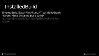 #UE4 | @UNREALENGINE
InstalledBuild
Engine/Build/BatchFiles/RunUAT.bat BuildGraph
-target”Make Installed Build Win64”
-script=/Engine/Build/InstalledEngineBuild.xml
-clean
 
