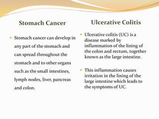 Stomach Cancer Ulcerative Colitis
 Stomach cancer can develop in
any part of the stomach and
can spread throughout the
stomach and to other organs
such as the small intestines,
lymph nodes, liver, pancreas
and colon.
 Ulcerative colitis (UC) is a
disease marked by
inflammation of the lining of
the colon and rectum, together
known as the large intestine.
 This inflammation causes
irritation in the lining of the
large intestine which leads to
the symptoms of UC.
 
