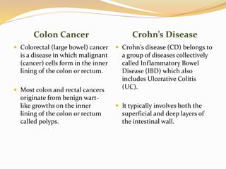 Colon Cancer Crohn’s Disease
 Colorectal (large bowel) cancer
is a disease in which malignant
(cancer) cells form in the inner
lining of the colon or rectum.
 Most colon and rectal cancers
originate from benign wart-
like growths on the inner
lining of the colon or rectum
called polyps.
 Crohn's disease (CD) belongs to
a group of diseases collectively
called Inflammatory Bowel
Disease (IBD) which also
includes Ulcerative Colitis
(UC).
 It typically involves both the
superficial and deep layers of
the intestinal wall.
 