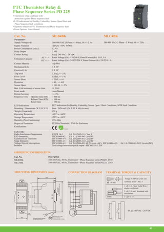 PTC Thermistor Relay & 
Phase Sequence Series PD 225 
• Thermistor relay combined with 
protection against Phase sequence fault 
• LED indications for Healthy, Unhealthy, Sensor Open/Short and 
Phase Sequence fault conditions 
• Separate relays for PTC Thermistor and Phase Sequence fault 
• Reset Options: Auto/Manual 
Cat. No. 
Parameters 
MLB4BK MLC4BK 
380-480 VAC (3 Phase - 3 Wire), 50 +/- 2 Hz 
Operating Temperature 
Storage Temperature 
Humidity (Non Condensing) 
Degree of Protection 
ORDERING INFORMATION 
LED indications for Healthy, Unhealthy, Sensor Open / Short Conditions, SPPR fault Condition 
-15oC to +60oC 
Cat. No. Description 
MLB4BK 
MLC4BK 
380-480 VAC, 50 Hz, Thermistor + Phase Sequence series PD225, 2 NO 
380-480 VAC, 60 Hz, Thermistor + Phase Sequence series PD225, 2 NO 
MOUNTING DIMENSION (mm) CONNECTION DIAGRAM 
380-480 VAC (3 Phase - 3 Wire), 60 +/- 2 Hz 
Supply Variation 
Power Consumption (Max.) 
Relay Output 
Contact Rating 
-20% to +10% 
12 VA 
2 NO 
6A @ 240 VAC / 28 VDC 
Contact Material 
Mechanical Life 
Electrical Life 
Trip level 
Reset Level 
Sensor Short 
Hysterisis 
Sensor Open 
Max. Cold resistance of sensor chain 
Reset mode 
Repeat Accuracy 
Response Time Operate Time (OT) 
Release Time (RT) 
Reset Time 
LED Indications 
Mounting / Dimensions (W X H X D) 
Weight (Unpacked) 
Certifications 
Ag alloy 
3 X 106 
1 X 105 
3.6 +/- 5 % 
1.6 +/- 5 % 
< 20 +/- 4 
< 40 , +/- 4 
> 10 k +/- 5% 
<1.5 
Auto/Manual 
+/- 1% 
~ 500 ms 
~ 100 ms 
~ 150 ms 
Base / DIN-rail / (36 X 90 X 60) (in mm) 
120 g 
-25oC to +80oC 
95% (Rh) 
IP 20 for Terminals, IP 40 for Enclosure 
60.0 
90.0 
68.0 
36.0 INSERT SCREW DRIVER 
TO RELEASE CLIP 
Ø4. 
2 
45.0 
100.0 C/C 
(35 mm-SYMMETRICAL) 
DIN RAIL 
WITHDRAW CLIPS 
FULLY WHEN 
SURFACE MOUNTING 
M 
L1 L2 L3 
3~ 
K1 
L3 
L2 
L1 
EMI/ EMC 
ESD Immunity 
Electrical Fast Transients 
Surge Immunity 
Voltage Dips & Interruptions 
Isolation 
Radio Interference Suppression 
61 
Supply Voltage ( ) 
CISPR 14-1 
IEC 61000-4-2 
IEC 61000-4-4 
IEC 61000-4-5 
IEC 61000-4-11 
Test voltage between input & output - IEC 60255-5, 2kV 
Ed. 5.0 (2005-11) Class A 
Ed. 1.2 (2001-04) Level II 
Ed. 2.0 (2004-07) Level IV 
Ed. 2.0 (2005-11) Level IV 
Ed. 2.0 (2004-03) All 7 Levels (AC), IEC 61000-4-29 Ed. 1.0 (2000-08) All 5 Levels (DC) 
Utilization Category AC - 15 
DC - 13 
(of ) 
Rated Voltage (Ue): 120/240 V, Rated Current (Ie): 3.0/1.5 A 
Rated Voltage (Ue): 24/125/250 V, Rated Current (Ie): 2/0.22/0.1 A 
TERMINAL TORQUE & CAPACITY 
Torque 0.54 N.m (5 Lb. in) 
3.5 mm Terminal Screw - M 2.5 
1 x 0.2 - 3.3 mm2 Solid Wire / 
single wire ferrule 
2 x 0.2 - 1 mm 2 
Insulated with 
twin ferrule 
1 x 24 to 12 
AWG 
15 18 25 28 P1 P2 
15 
18 
25 
28 
6A @ 240 VAC / 28 VDC 
RoHS Compliant 
 